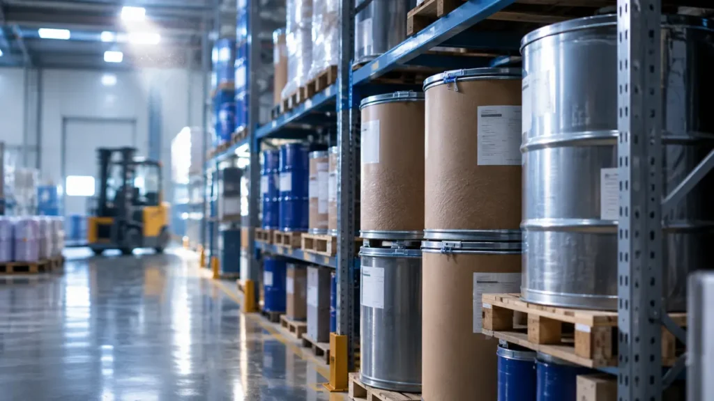 Pharmaceutical API raw material drums stored on warehouse racks inside a GMP facility